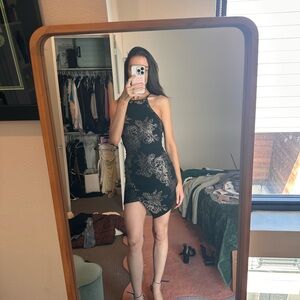 Black Halter Mini Dress with Metallic Paisley Print